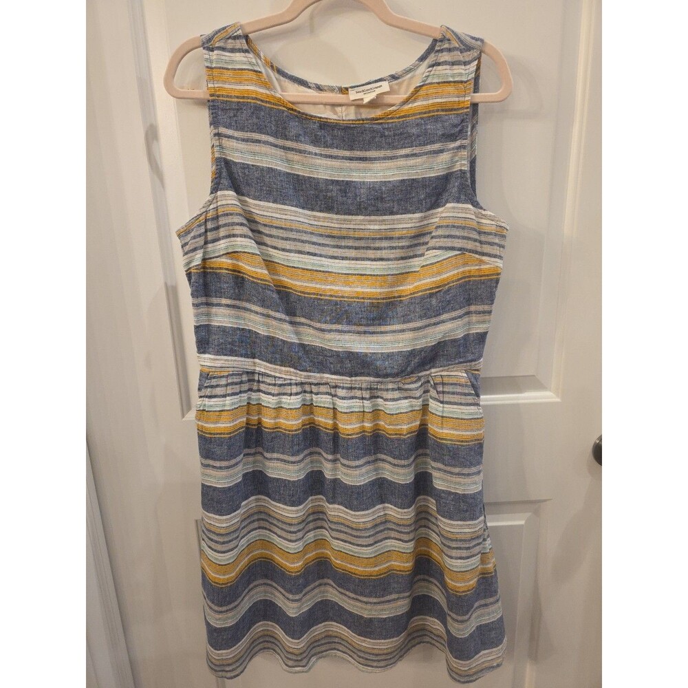 BEACH LUNCH LOUNGE Linen Blend Blue Striped‎ Fit & Flare Coastal Dress Size Lg